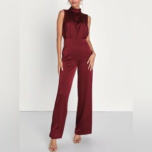 Lulu's Classic Elegance Wine Red Satin Sleeveless Mock Neck Jumpsuit